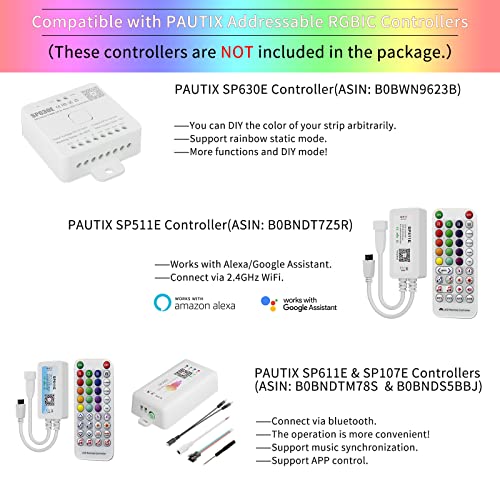 Pautix Rgb Smart Ic Cob Led Strip Light Addressable 16.4Ft/5M,Ul-Listed 24V Color Flowing Strip Light Multicolor Flexible Tape Light For Tv,Bedroom,Party Diy Decoration(Without Controller&Adapter) #TOP2