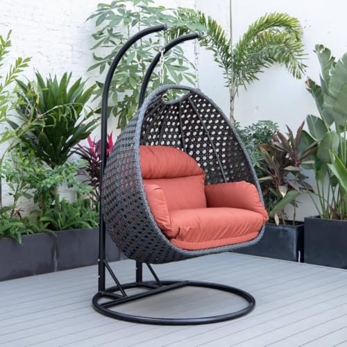 Image of Double Seater Hammock Swing Chair with Stand & Cushion | Heavy Duty Powder Coated Steel Frame | Outdoor Indoor Hanging Swing for Patio Balcony Garden Terrace Living Room (Grey-Orange)