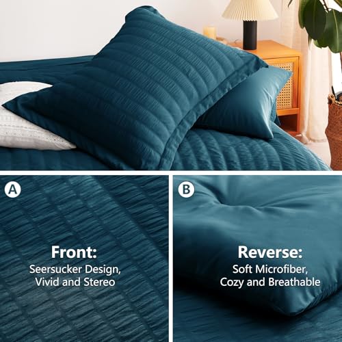 Image of CozyLux King Size Comforter Set Lyons Blue, 7 Pieces Seersucker Textured Luxury Bed in a Bag, All-Season Soft Bedding Sets with Down Alternative Comforter, Sheets, Pillowcases & Shams, Bedroom Bed Set