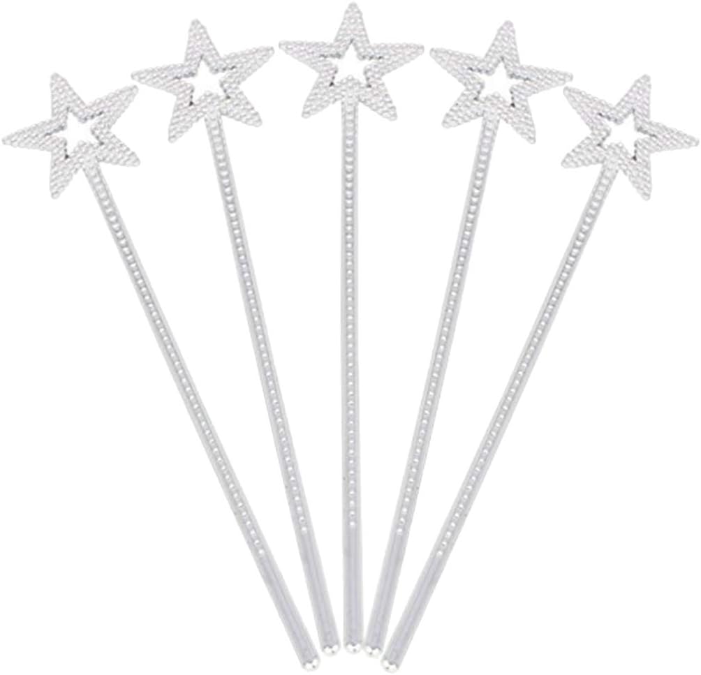 NUOBESTY 12Pcs Silver Plastic Fairy Star Wands Set for Girls Birthday Party Halloween Dress up Magical Costume Props