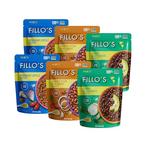 Fillo's Ready to Eat Beans Variety Pack | Black Beans, Lentils, & Pink Beans | Gluten-Free, Preservative-Free, Microwavable Meals, Non-GMO, Vegan, Plant Protein, 10 oz Pk of 6