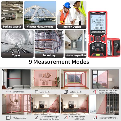 RAINLEOTI Laser Measuring Tool, 80m/262ft Rechargeable Laser Measure Built-in Level Bubble, Digital Laser Distance Meter Square Footage Laser Measurement Device with Backlit LCD, 99 Records