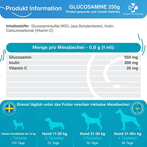 European Pet Pharmacy Grünlippmuschel Hund 250 g Glucosamin Pulver — Nahrungsergänzungsmittel Hund – Für Intakte Gelenke Hunde und Katze – Probiotisches Alantin, Vitamin C, Alter 5+ Monate