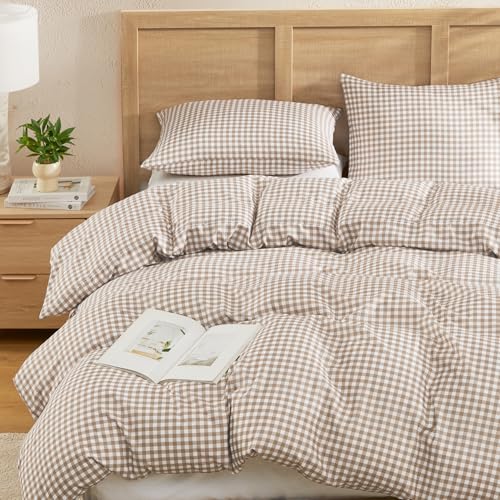 Image of Andency Gingham Duvet Cover King Size, Tan Brown Checkered Plaid Bedding Set, 3 Pieces Soft Prewashed Polyester Comforter Cover with Zipper Closure & Corner Ties