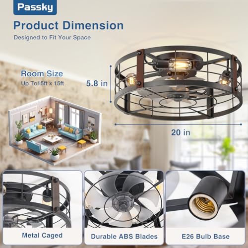 Image of Passky 20 inch Farmhouse Flush Mount Ceiling Fans with Lights and Remote, Industrial Black Caged Low Profile Fandelier, 6 Speeds Bladeless Ceiling Fan for Bedroom, Kitchen, Living Room