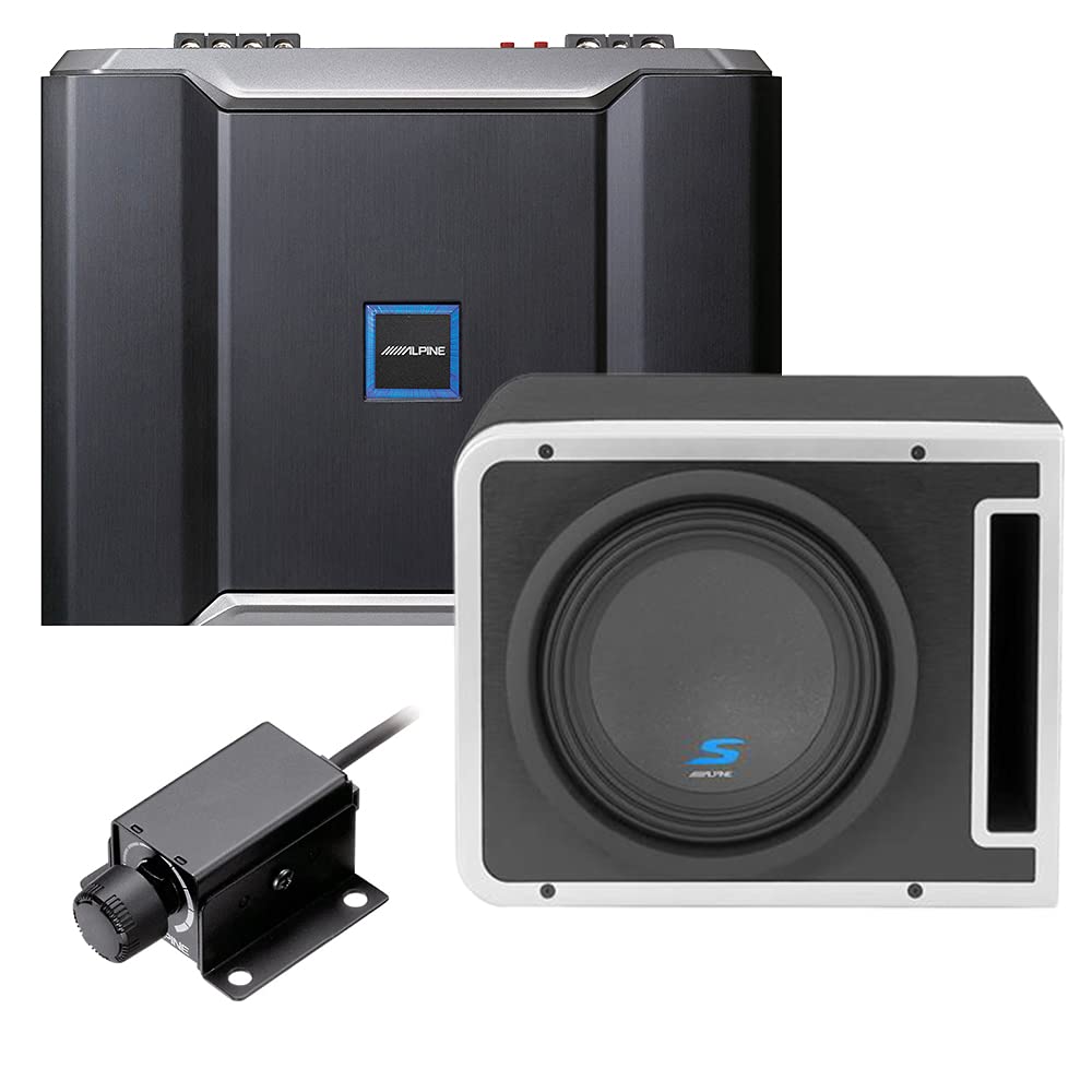 DIAS Alpine R-A75M Mono Power Density Amplifier with S-SB12V 12 Inch Subwoofer Enclosure and RUX-KNOB.2 Remote Bass Knob