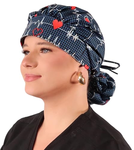 Sparkling EARTH Heartbeats on Navy Banded Bouffant Ponytail Classic Surgical Style Scrub Working Cap - Made in The USA!