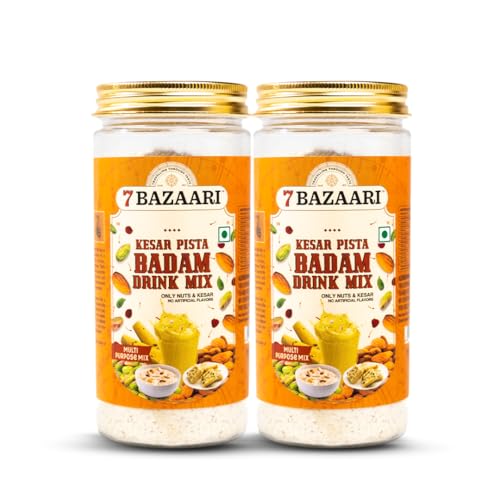 Image of 7 BAZAARI Kesar Pista Badam Milk Mix Powder 225g | Premium Badam Powder with Kesar, Pista & Spices | Ideal for Kids & Adults | No Artificial Flavours (Pack of 2)