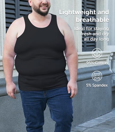 Comfneat Men's 4-Pack Big & Tall Tight Fit A-Shirts Tank Tops Sleeveless Undershirts Stretchy Cotton Spandex Base Layers (Black 4-Pack, 4XL)