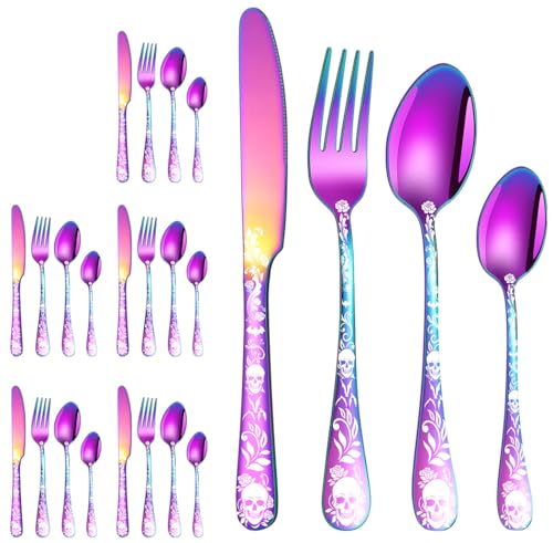 XIAOYU 24 Piece Rainbow Gothic Skull Stainless Steel Flatware Set, 6 Sets of 4 Pieces Each, Perfect for Home Daily Use, Buffet, Gathering, Dinner Party, Restaurant, Wedding, Camping