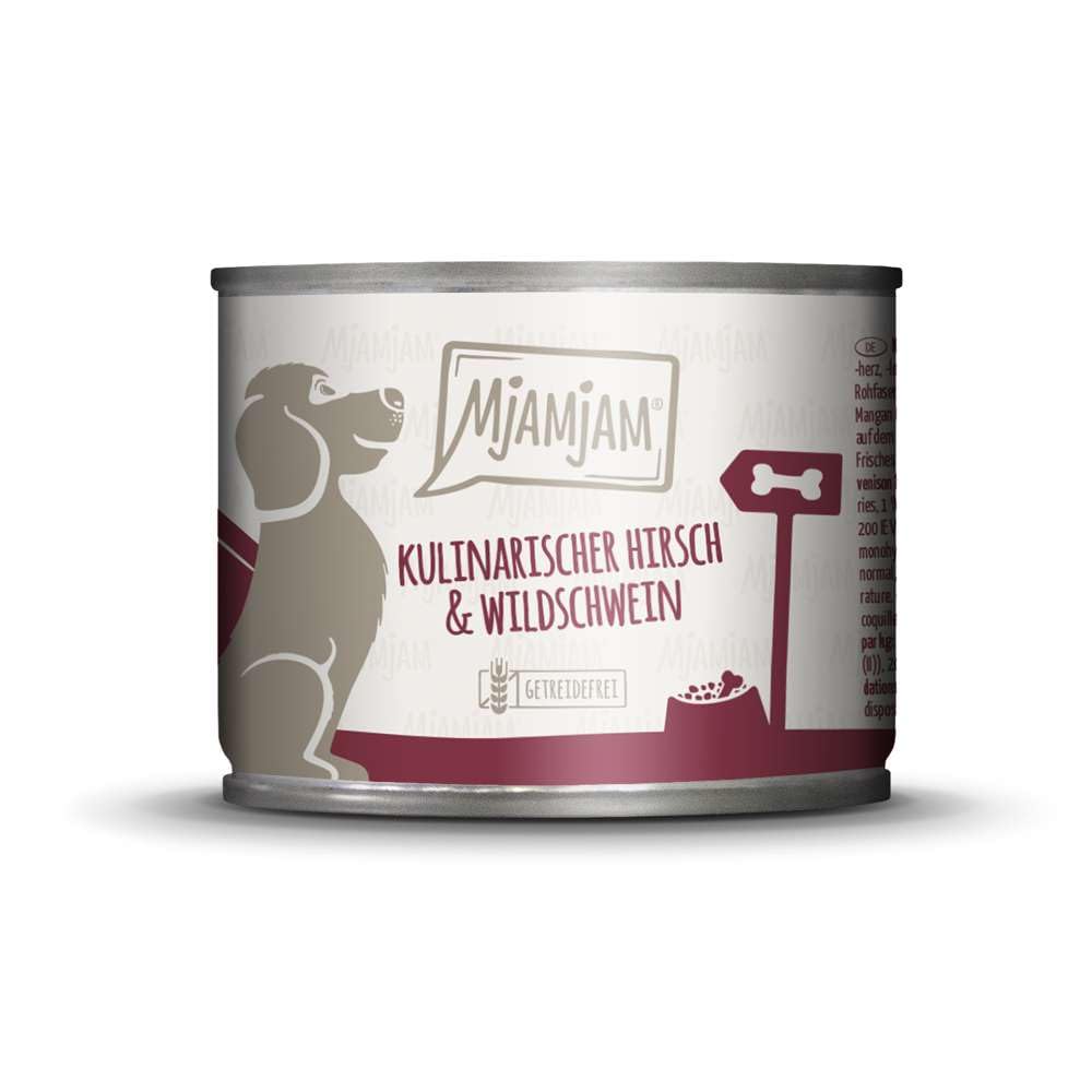 MjAMjAM - Premium Nassfutter für Hunde - kulinarischer Hirsch & Wildschwein an Preiselbeeren, 6er Pack (6 x 200 g), getreidefrei mit extra viel Fleisch