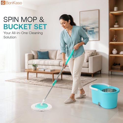 Image of BonKaso 360 Spin Round Mop Bucket Set with Removal Steel Wringer, Extendable Stainless Steel Handle & Microfiber Floor Cleaner for Tiles, Marble, Wooden & Hard Floors