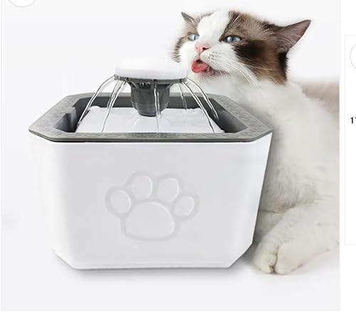Automatic Pet Water Fountain, White, Flowing Fountain Dispenser for Cats and Dogs, Paw Print Design