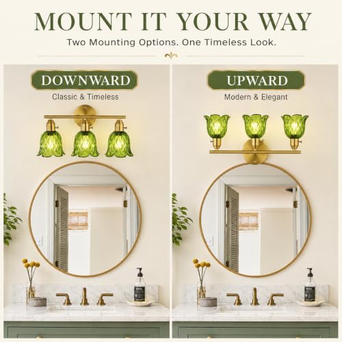 Image of 3-Light Bathroom Light Fixtures, 17.9 inch Gold Vintage Vanity Lights with Clear Green Tulip Glass Shade, Bathroom Wall Lamp for Mirror Kitchen Living Room Hallway Cabinet Porch