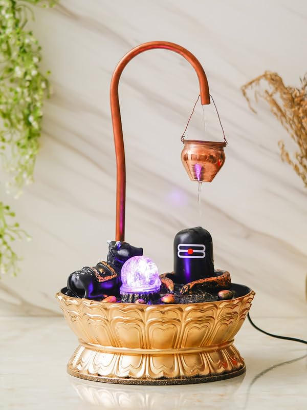 Image of Copper Metal Shivling with Nandi Tabletop Indoor Water Fountain with Crystal Ball and LED Light for Home Decor (28 x 28 x 46 CM : Color - Copper | Weight - 1380)