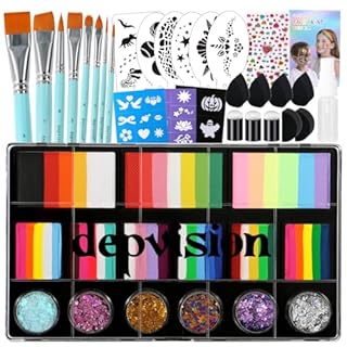 Professional Face Painting Kit for Kids & Adults, Split Cake Face Paint Palette with Glitter Gel One Stroke Non Toxic with Stencils, Brushes, Sponges for Halloween, Christmas, Parties