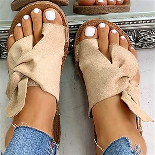 Bowknot Toe Ring Flat Slides For Women Casual Sandals Beach Shoes Boho Slippers Summer Slippers (Khaki, 10.5) #TOP3