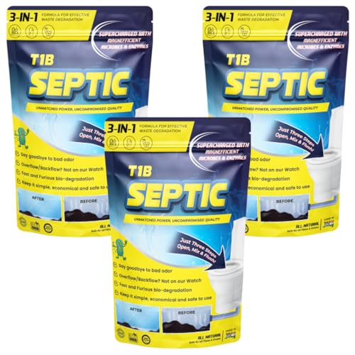 Image of T1B Septic Tank Cleaning Powder - 100X Powerful Formula Microbes & Enzymes, Odour Removal, Prevents Blockages & Clears Drains, Septic Tank Treatment Powder Pack of 3 (750 gram)
