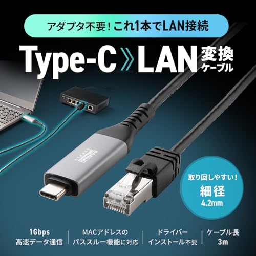 サンワサプライ(Sanwa Supply) USB Type-C LAN変換ケーブル KB-SL6CLAN03BK の商品画像 1