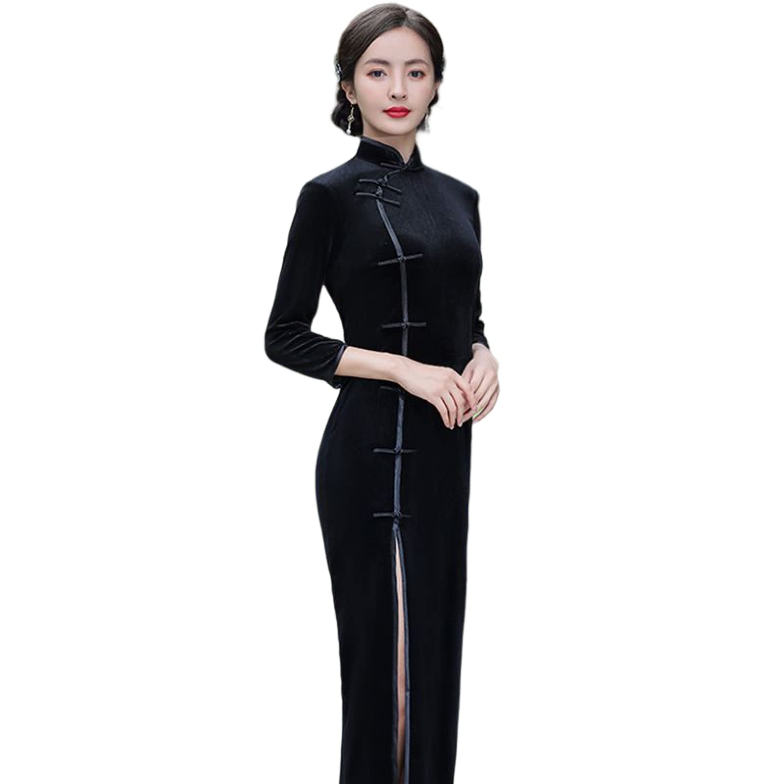 Vestito da Cinese Donna - Stile Cinese Tradizionale Cheongsam Autunno Inverno Velluto Vestito Caldo Fatto A Mano Bottone Vintage Donne Abiti Lunghi Sexy Festa Sottile Qipao