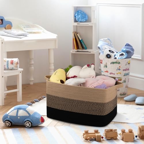 Image of OIAHOMY Large Blanket Basket, 65L Cotton Rope Woven Laundry Basket, Toy Bin for Baby Room, Container for Blanket Storage in Living Room, 20''x16''x12'', Brown & Black