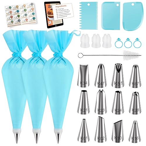 Kootek 25Pcs Piping Bags and Tips Set with Ebook, Frosting Piping Kit with 12 Icing Tips, 3 Pastry Bags, 3 Couplers, 3 Bag Ties, 3 Cake Scrapers, Cake Decorating Supplies for Cupcake, Cookie, Baking