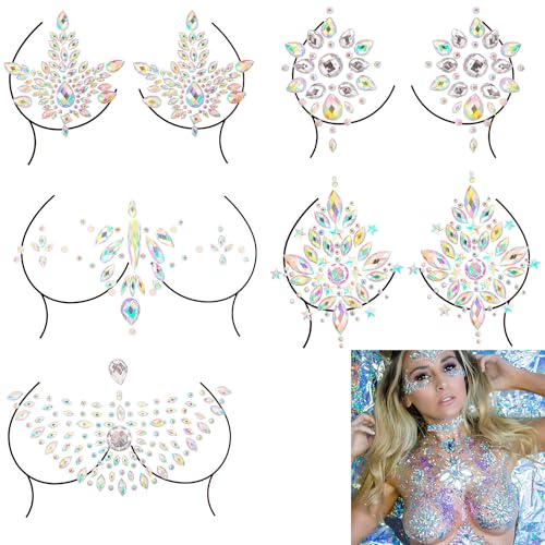 5 Stück Körperschmuck Nippel Aufkleber, Strass Körper Aufkleber, Brust-Diamant-Aufnäher, Kristall Nippel Aufkleber, Körperschmuck Aufkleber, BH Brust Pasteten Aufkleber, für Karneval Schminke, Parties
