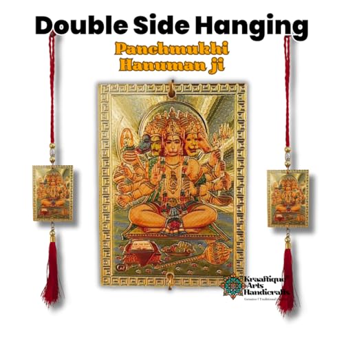 Image of Panchmukhi Hanuman Acrylic Gold-Plated Wall Hanging for South, South West Main Door Vastu Dosh Rectification Remedy of Home, Office and Factory, Rectangular with Adjustable Rope (33CM)