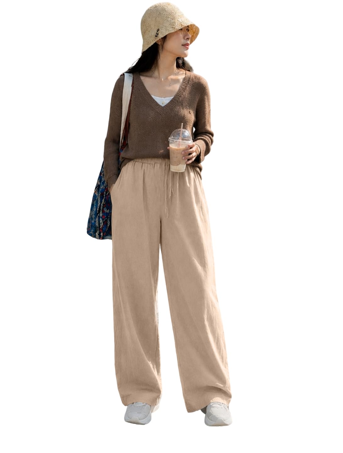 CHICSTIT Women Cotton Wide Leg Trousers | Elastic Waist High Rise Palazzo Pants | Loose Fit/Straight Fit Casual Lounge Pants with Pockets-picture-15
