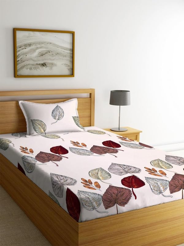 Image of la' amour Cotton Printed 160 tc Flat Single Bedsheets for Summer with Pillow Cover Breathable | Wrinklefree (Size-60 X 90 Inch) Floral, Midnight Arc Beige