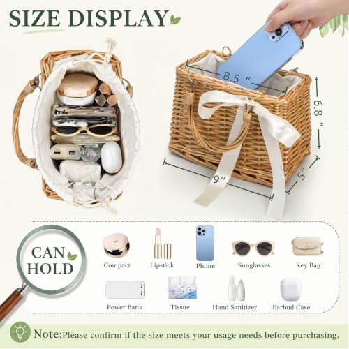 Image of Pumtus Handwoven Rattan Handbag, Wicker Rectangle Basket Purse with White Ribbon, Summer Beach Top Handle Clutch, Boho Style Woven Purse, Rustic Flower Basket for Women, Travel, Vacation, Wedding