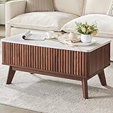 AUZONIMICS Lift Top Coffee Table with Faux Marble Tabletop, Mid Century Modern Coffee Table with Hidden Storage Compartment, Wooden Fluted Rising Pull up Table for Living Room, Office, Walnut