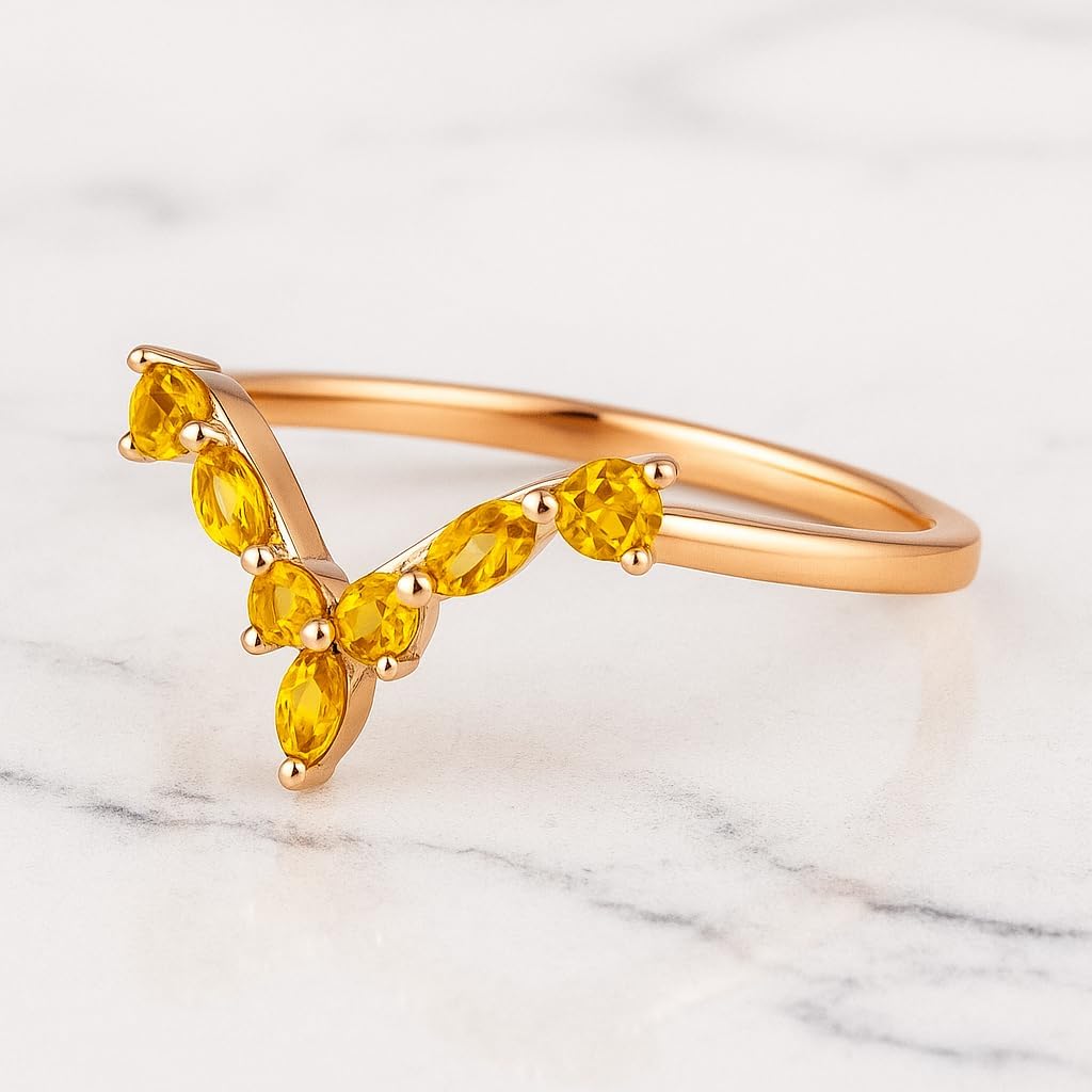 14K Gold Plated V Shape Yellow Citrine Ring for Women Dainty Marquise Cut Gemstone Wedding Band Elegant Stackable Chevron Ring for Engagement Promise or Anniversary Jewelry Gift