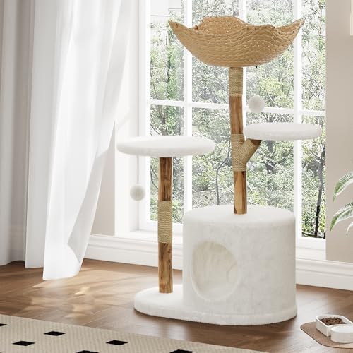 Árbol moderno para gatos de madera natural con cesta tejida miniatura 1