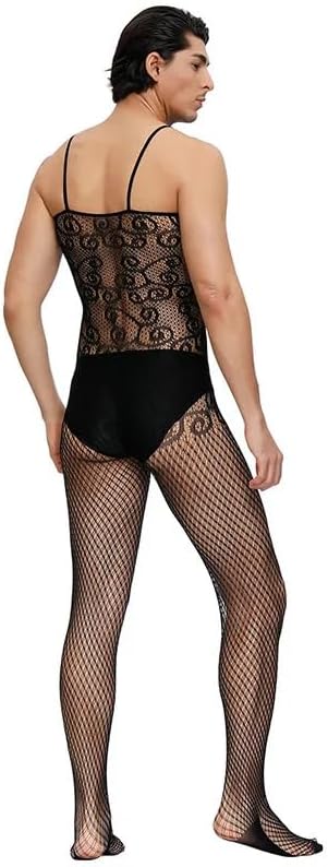 Unisex Fishnet Bodysuit with Lace Top Womens Sexy Mesh Lingerie Jumpsuit Crotchless Bodysuit Mens One Piece Babydoll