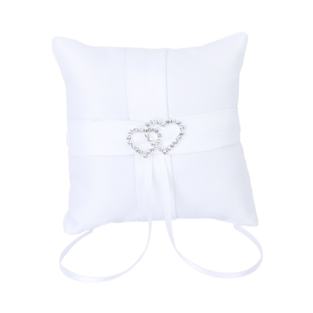 White Double Heart Wedding Party Pocket Ring Pillow Cushion