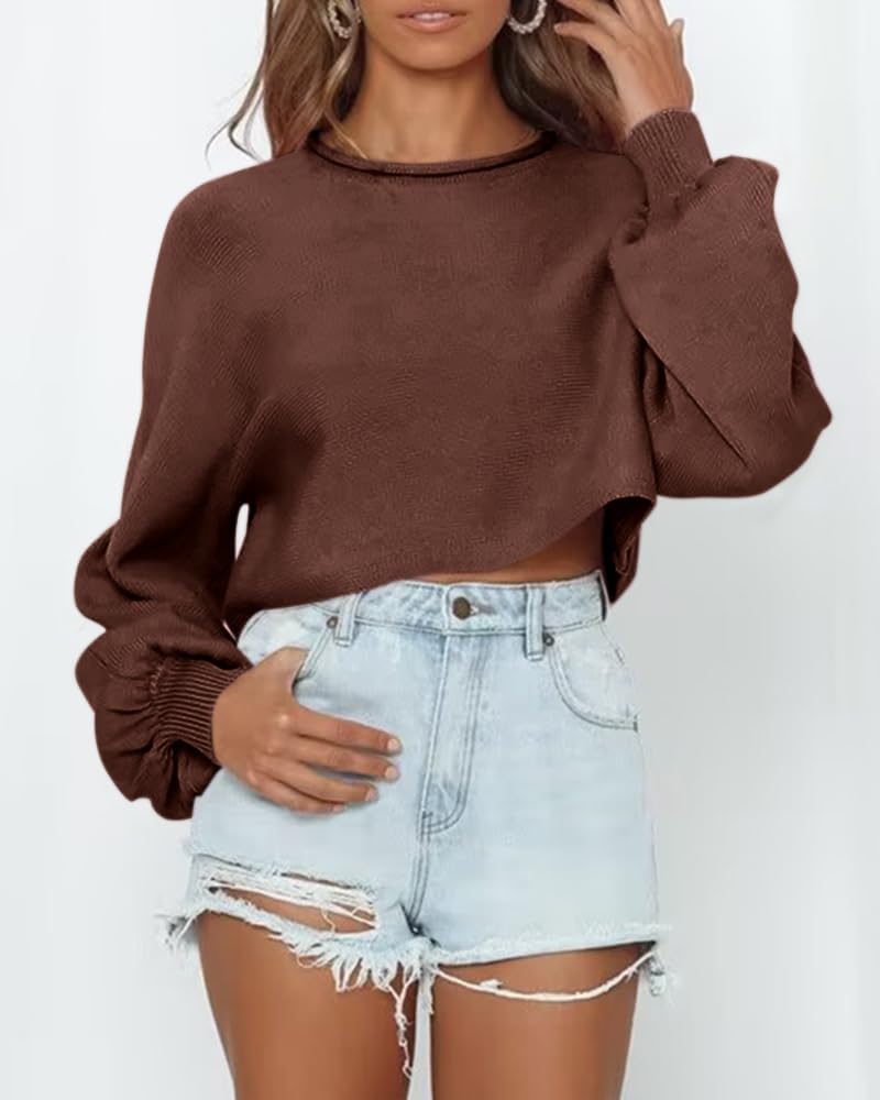 Imily Bela Cropped Sweaters for Women Lantern Long Sleeve Crop Top Slouchy Trendy Loose Crewneck Pullover Sweater - Image 2