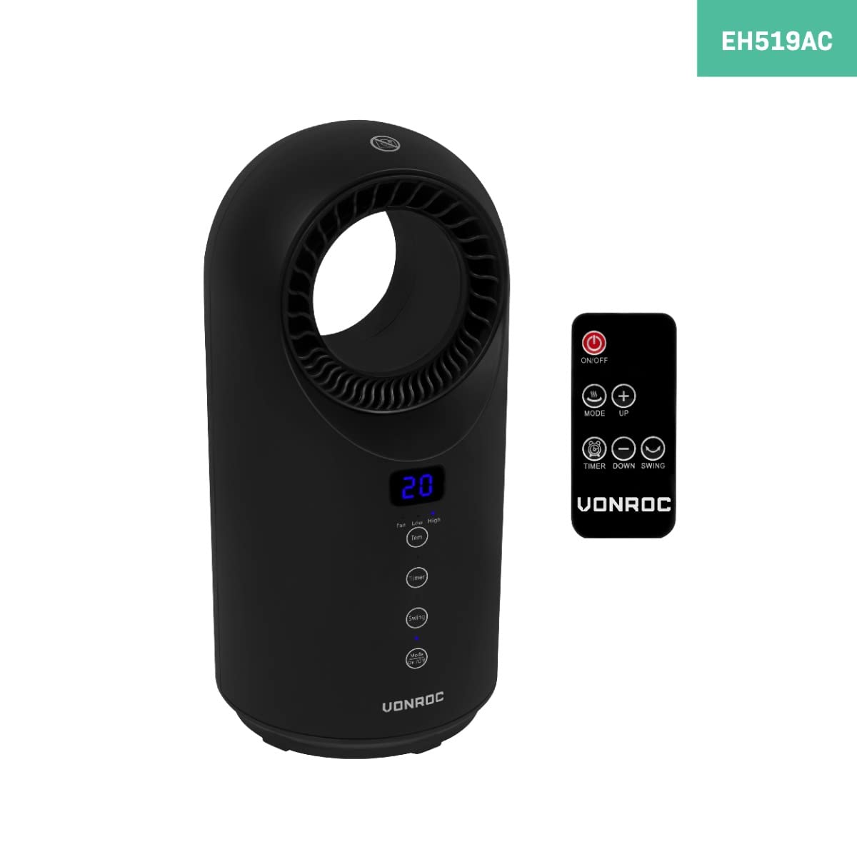 VONROC Termoventilatore Bladeless 1500W – Tecnologia Senza Pale, Riscaldamento Rapido, Oscillazione, Termostato 15–40°C, Timer 1–12H, Telecomando, Design Premium Nero Opaco – fino a 15 m² Nero
