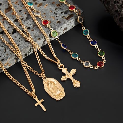 Gold Layered Cross Necklaces For Women, 4Pcs Stack Choker Vintage Pendant Cross Rhinestone Stacking Virgin Mary Necklace Dainty Waterproof Non Tarnish Summer Beachy Jewelry Gifts3