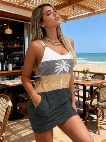 Image of Live Simple Coconut Tree Color Block Mini Dress for Women Summer Beach Vacation Tank Dresses Sleeveless Short Dress