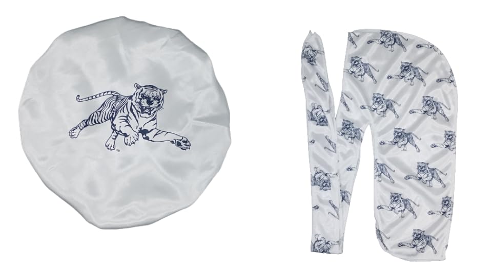 THE DASHURI BRANDThe DASHURÍ Brand Jackson State University Officially Licensed His & Hers Durag & Bonnet Pack (Leaping Tiger Logo) White, White, Adult (14")