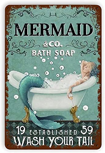 Bonoff Mermaidbathroom rústico para valla, patio, jardín, casa, placa vertical, decoración vintage, póster de arte de pared, póster de metal, 8 x 12 pulgadas