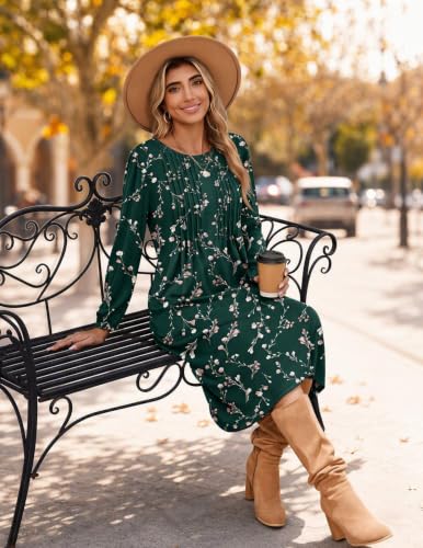 Image of Zeagoo Fall Dresses for Women Long Sleeve Midi Dress Casual A Line Dresses 2026 Pleated Flare Dress with Pockets