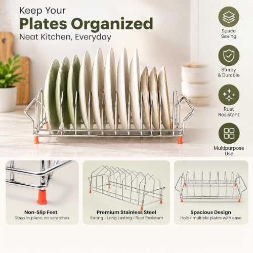 Image of Zepdos Stainless Steel Plate Stand for Kitchen | 8 Slot Plate Rack & Dish Organizer | Rust Resistant Plate Holder with Non-Slip Feet | Compact Space Saving Kitchen Storage Dish Rack