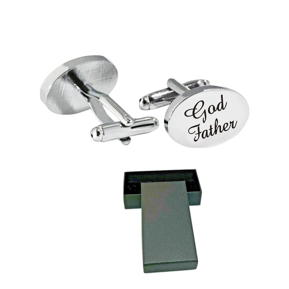 Virens Empourium Men's Silver Wedding Cufflinks Boxed Oval Cufflink, Groom Best Man Usher Page Boy And Many More Titles, Gift Box With Every Pair Of Cuff Link (God Father)
