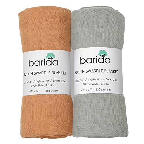 Image of Barida Muslin Blankets for Girls & Boys, Premium Cotton Large Multiuse Lightweight Ultra Soft Muslin Blanket Baby, Muslin Swaddle Blankets Boy, 2 Pack Muslin Throw Blanket (Orange- Sage Green)