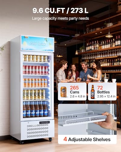 Image of VEVOR Commercial Merchandiser Refrigerator, 9.6 Cu.Ft / 273 L Glass Door Display Refrigerator, Upright Beverage Cooler with Customizable Lightbox, 4 Adjustable Shelves & Soft LED Light for Homes Shops