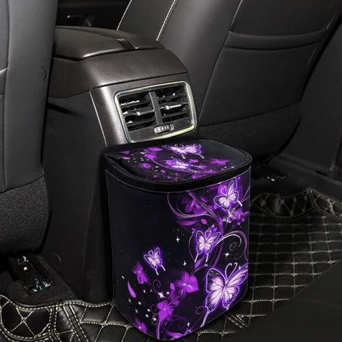 Image of KEIAHUAN Purple Butterfly Car Garbage Bag Hanging Collapsible Large Capacity Garbage Can Portable Car Trash Can with Lid Collapsible Vehicle Interior Accessories for Women