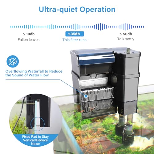 Image of hygger Aquarium Filter, Ultra Quiet Aquarium Hang on Filter, Multi-Stage Filtration Activated Carbon Biochemical Fish Tank Filter for up to 50 Gallon Aquariums, Adjustable Flow, 153 GPH, 7W, Black