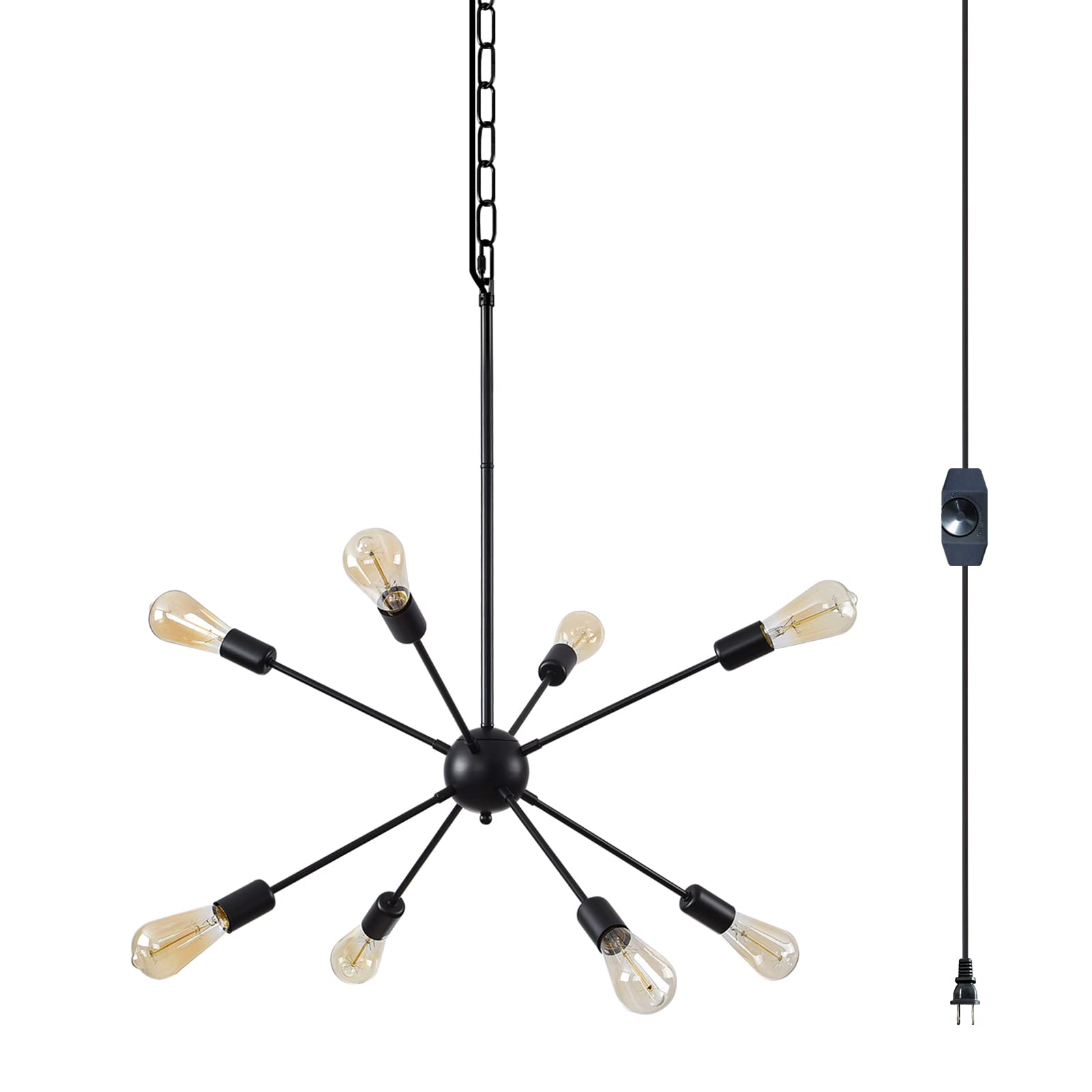 HOXIYA Modern Sputnik Chandelier 26.3" Light Fixture, Plug in Black 8-Lights Pendant Light, Midcentury Hanging Ceiling Lighting Fixture for Home Lamp, Bedroom, Dining Room, Kitchen, Office